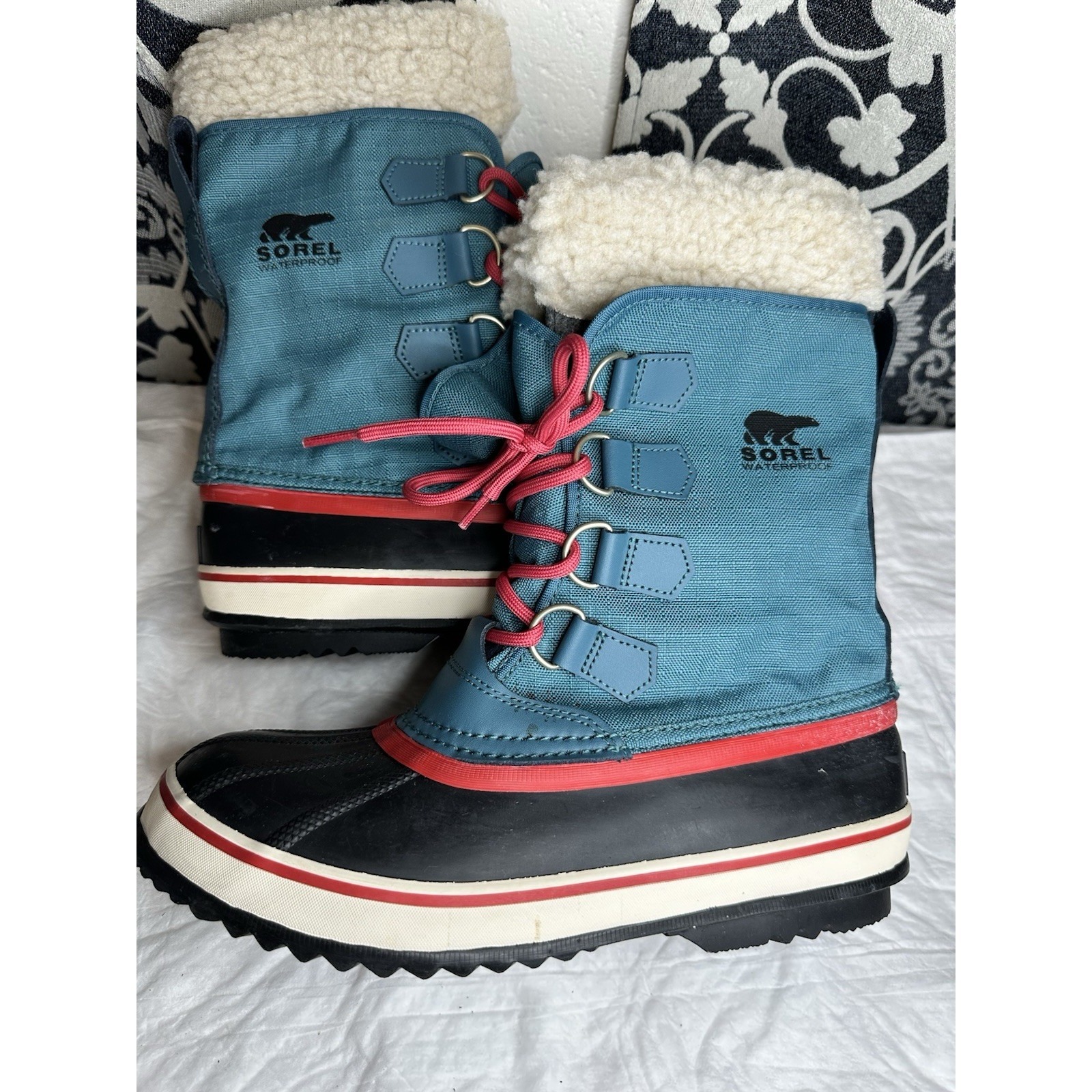 Sorel Winter Carnival Boots Women's 8.5 Teal Black Coral Waterproof Nl1495-723